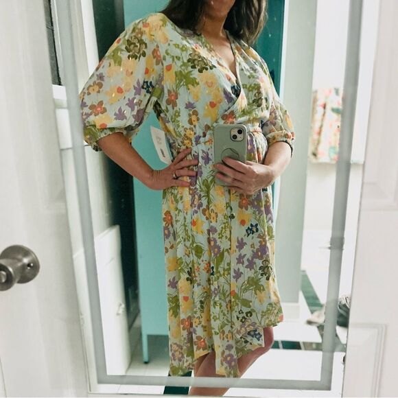 Modcloth Through Fields Of Gold Dress Asymmetrical Scarf Hem Faux Wrap Green M - Picture 4 of 13